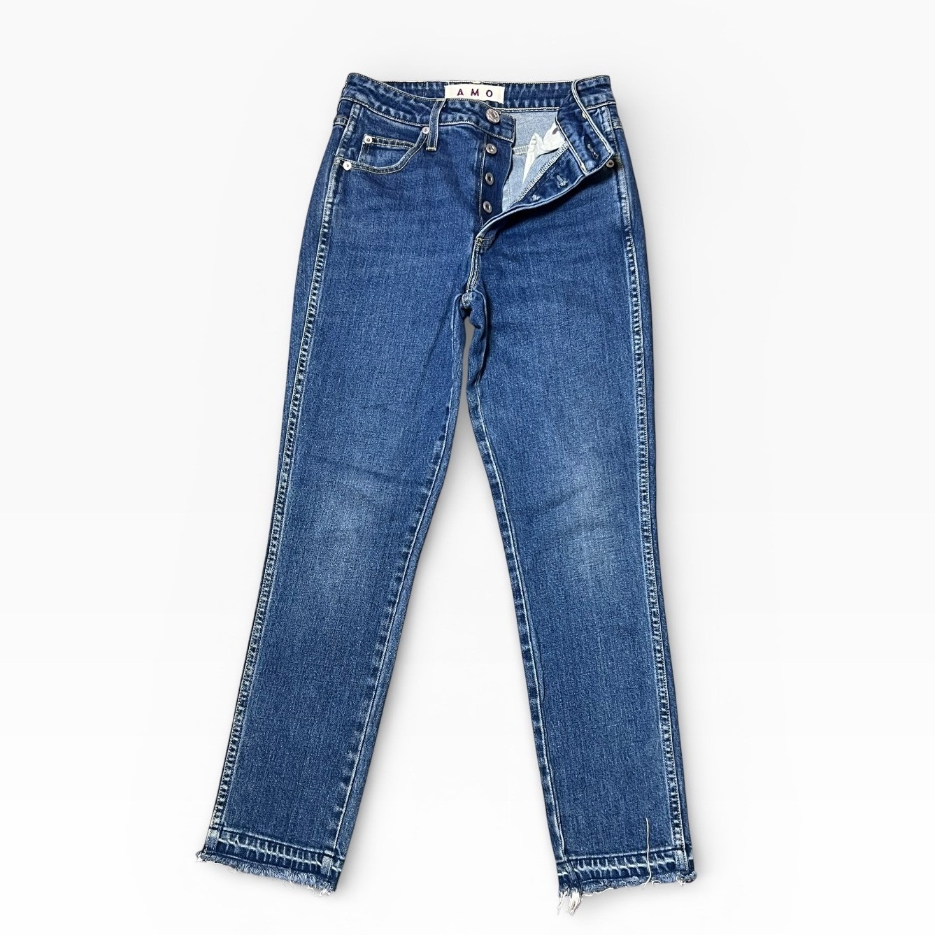 Amo Babe True Blue Cropped Straight Leg Raw Hem Button Fly Jeans Size 26 Usa